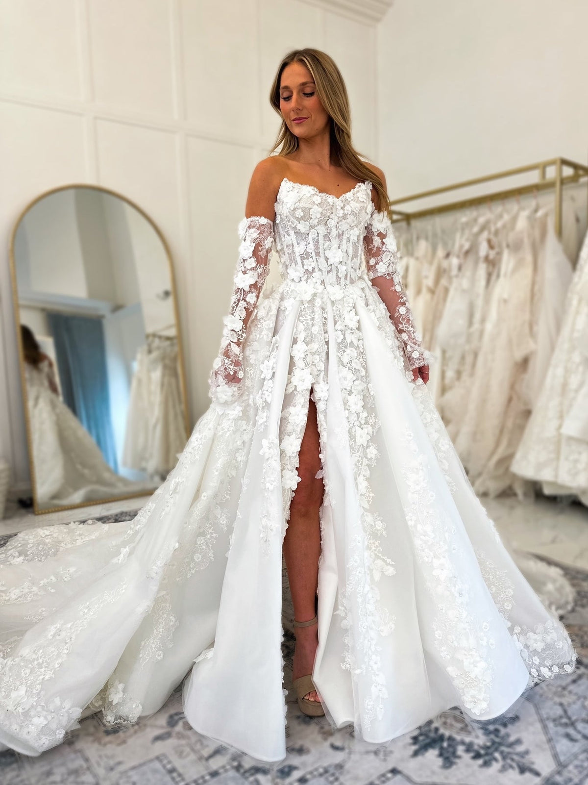Front Split Luxury 3/4 Sleeve 3D Appliqu� Lace Ballgown Wedding Dress - VelvetHem