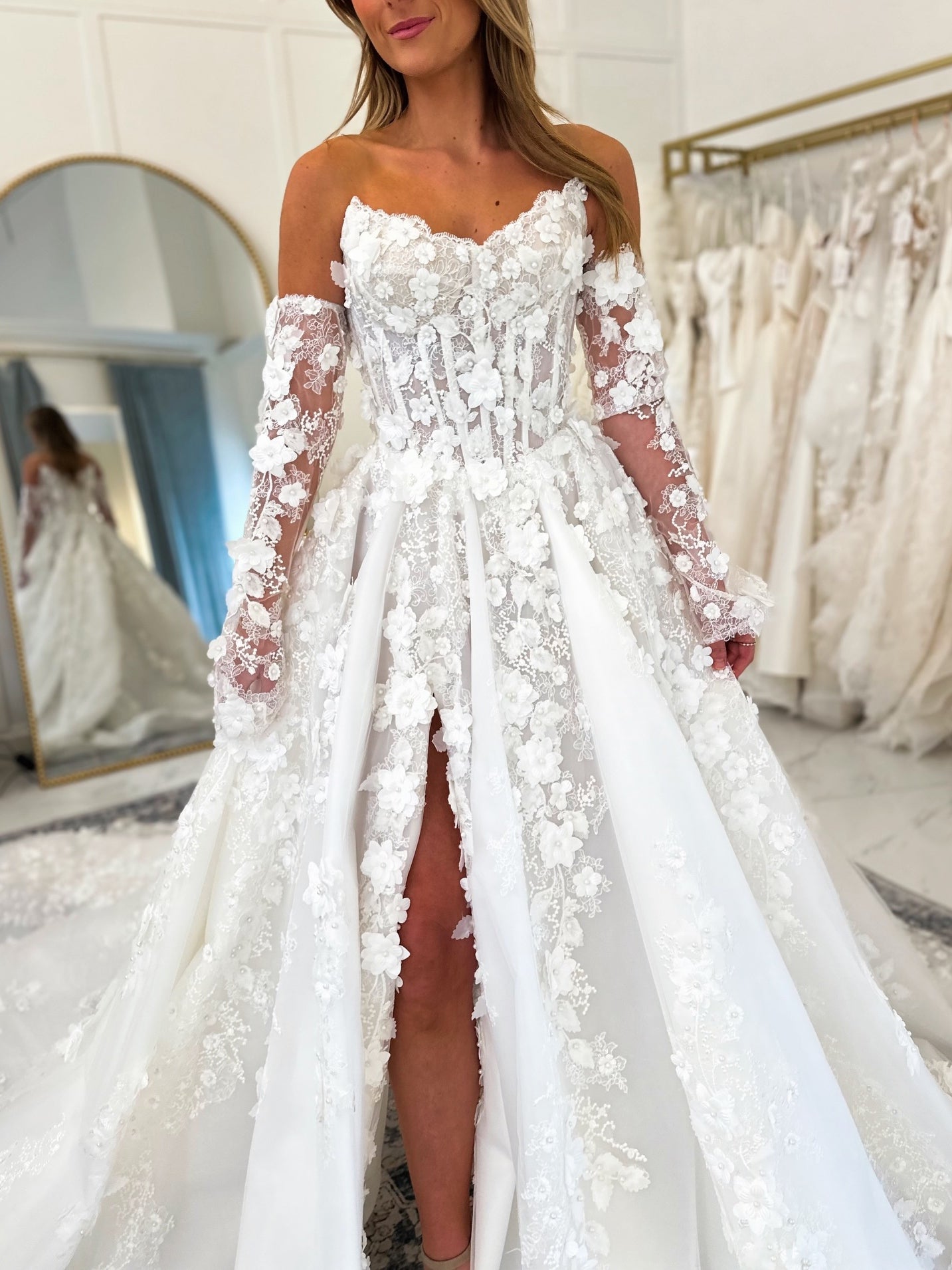 Front Split Luxury 3/4 Sleeve 3D Appliqué Lace Ballgown Wedding Dress