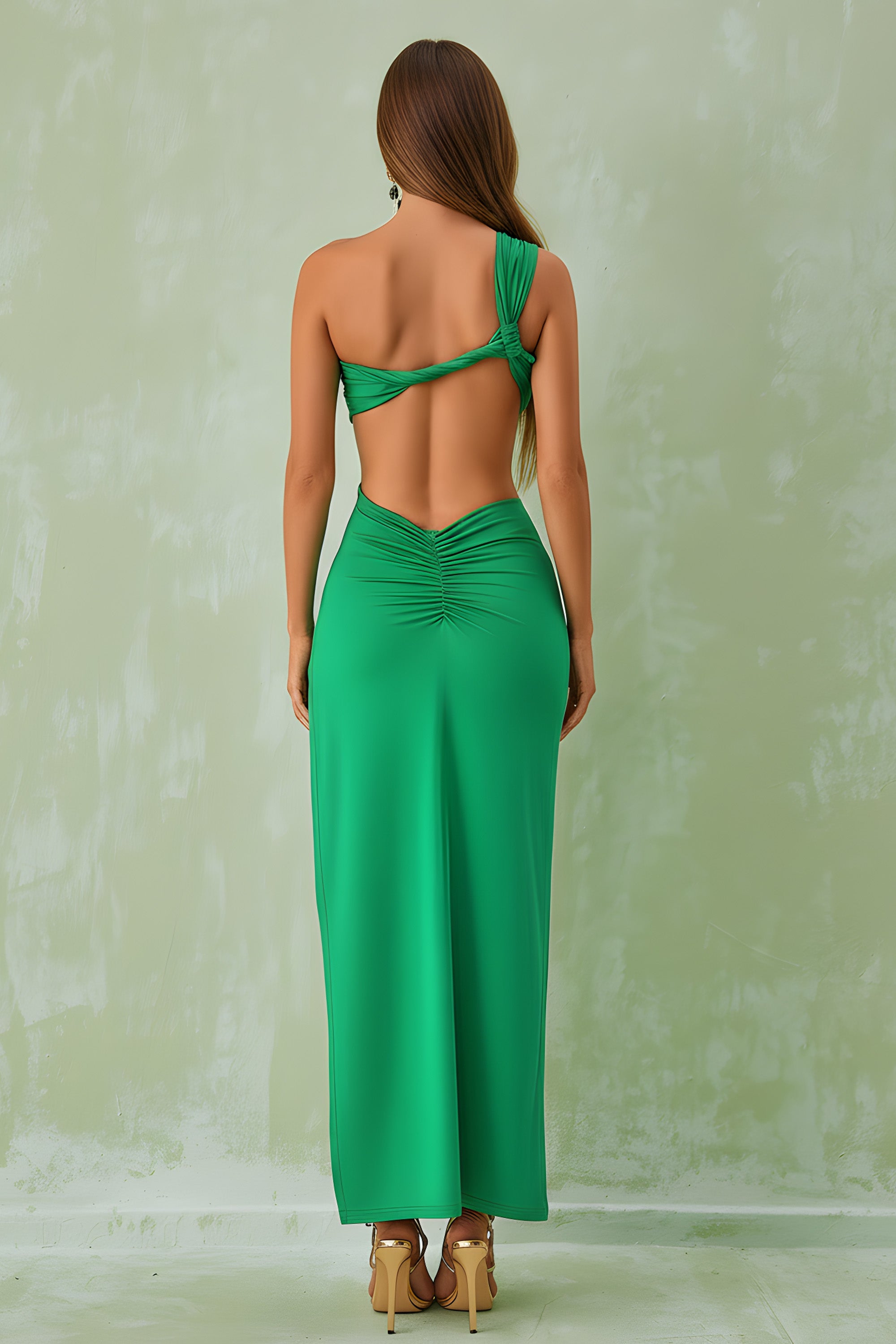 One-Shoulder Cutout Ruched High Slit Open Back Maxi Dress