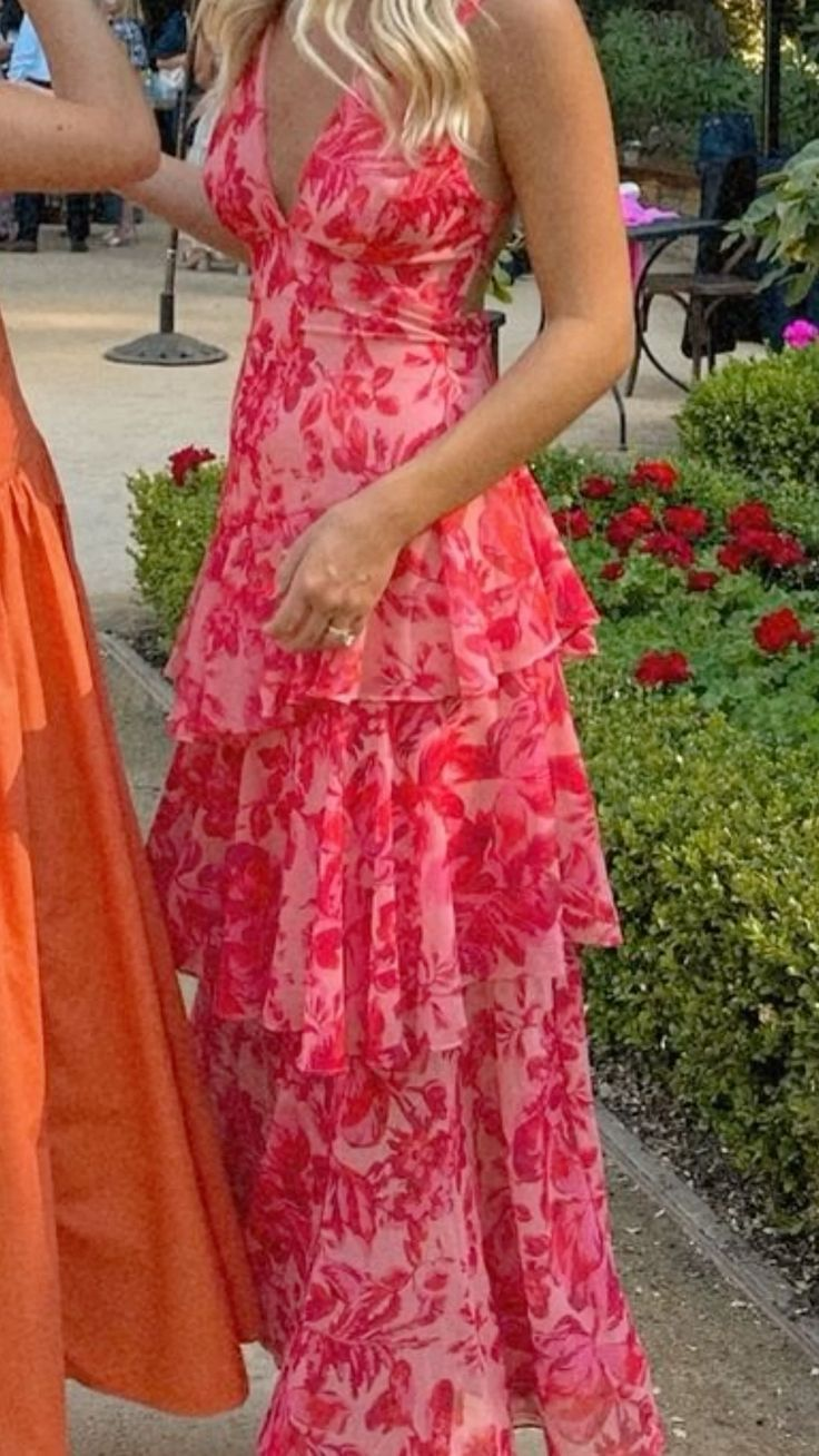 V-Neck Line Red Flora Prom Party Dress Graduation Dress Evening Dress - FashionDia