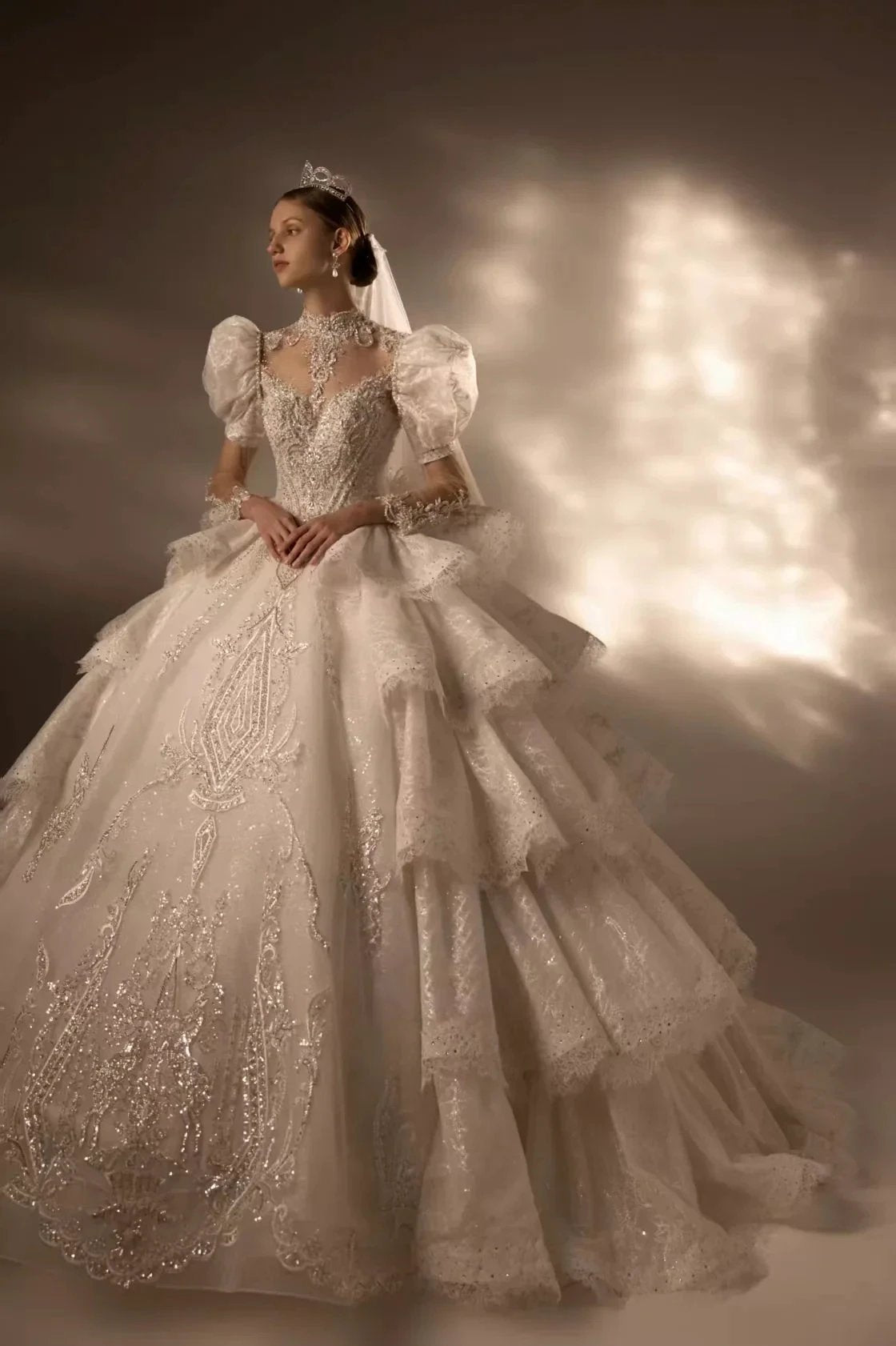 Regal High Neck Puff Sleeve Tulle Wedding Dress with Sequin Embroidery & Layered Ruffle Train (ZD16911) - VelvetHem