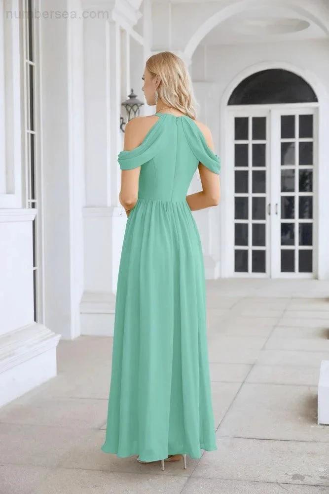 Ladies Chiffon Off Shoulder Swing Sleeve Front Slit Bridesmaid Evening Dress Wedding Party Evening Dress 28117 (ZD17011)
