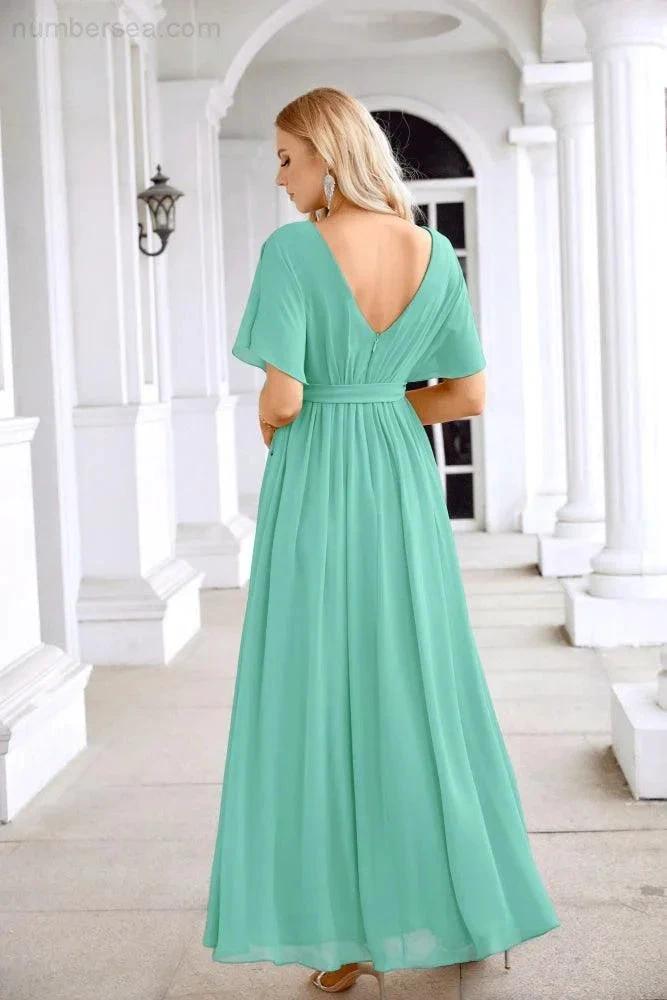 Ladies Chiffon Sleeve Crew Neck Front Slit Floor Length Bridesmaid Evening Dress Wedding Party Evening Dress 28124 (ZD17007)