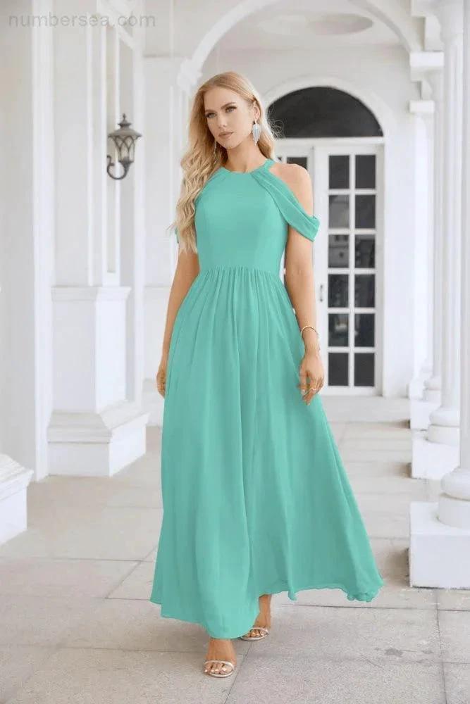 Ladies Chiffon Off Shoulder Swing Sleeve Front Slit Bridesmaid Evening Dress Wedding Party Evening Dress 28117 (ZD17011)