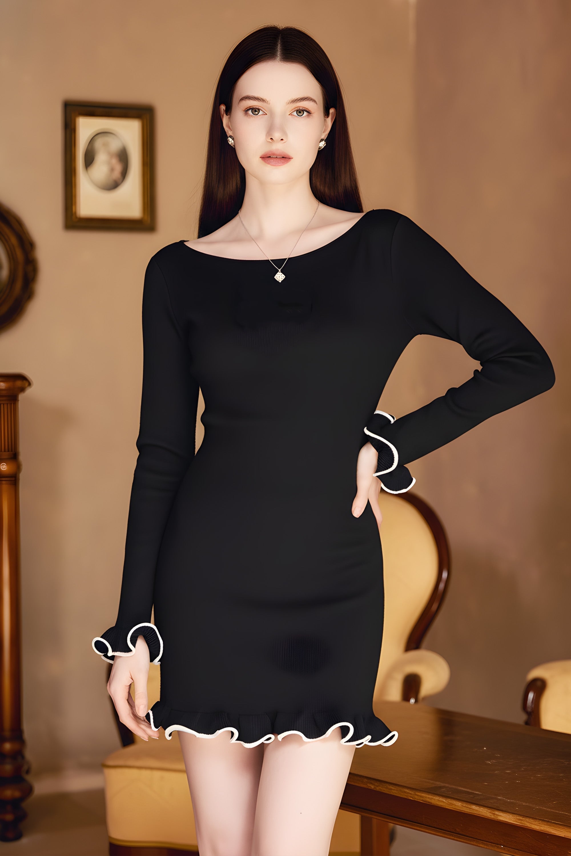 Elegant Long-Sleeve Mini Dress with Contrast Ruffled Trimming