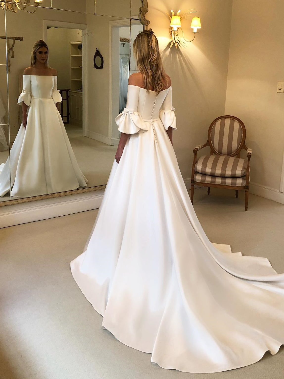 Off Shoulder Flared Cuff Sleeve Satin Bridal Ball Gown With Button Back