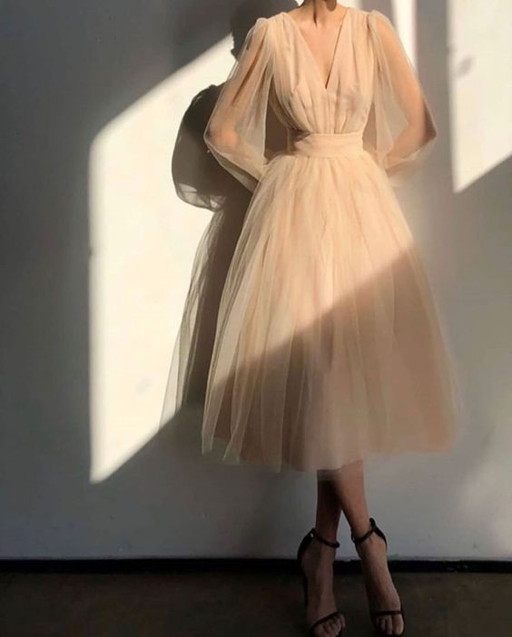 Graduation dress Short A-Line Prom Dresses V-Neck Long Puff Sleeve Tulle Formal Wedding Evening Party Dresses For Graduation - View 5 | FashionDia