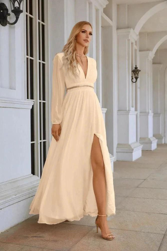 Ladies V Neck Chiffon Long Sleeve Front Slit Bridesmaid Evening Dress Wedding Party Shopping Evening Dress 28109 by numbersea