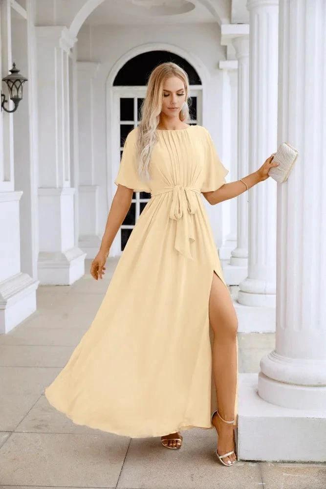 Ladies Chiffon Sleeve Crew Neck Front Slit Floor Length Bridesmaid Evening Dress Wedding Party Evening Dress 28124 by numbersea