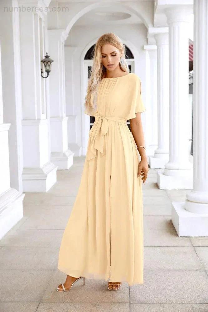 Ladies Chiffon Sleeve Crew Neck Front Slit Floor Length Bridesmaid Evening Dress Wedding Party Evening Dress 28124 (ZD17007)