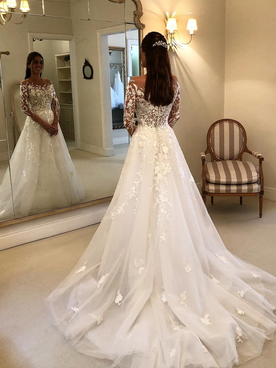 Tulle Illusion Neck A-Line Lace 3/4 Sleeves Wedding Dress With Train