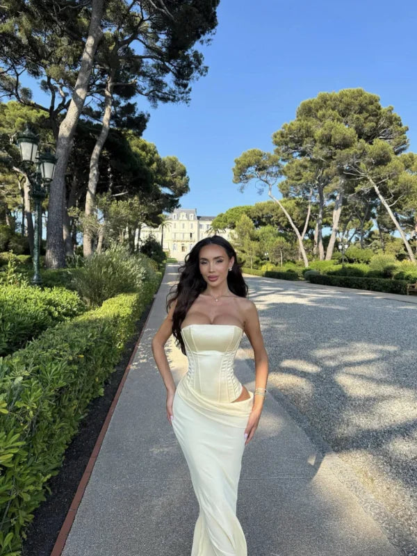 Simple Light Yellow Mermaid Boned Corset Satin Long Prom & Evening Dress - View 3 | FashionDia