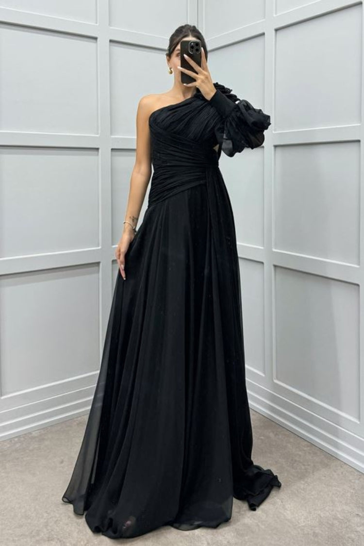One Sleeve Shoulder Detail Design Evening Dress - View 3 | VelvetHem