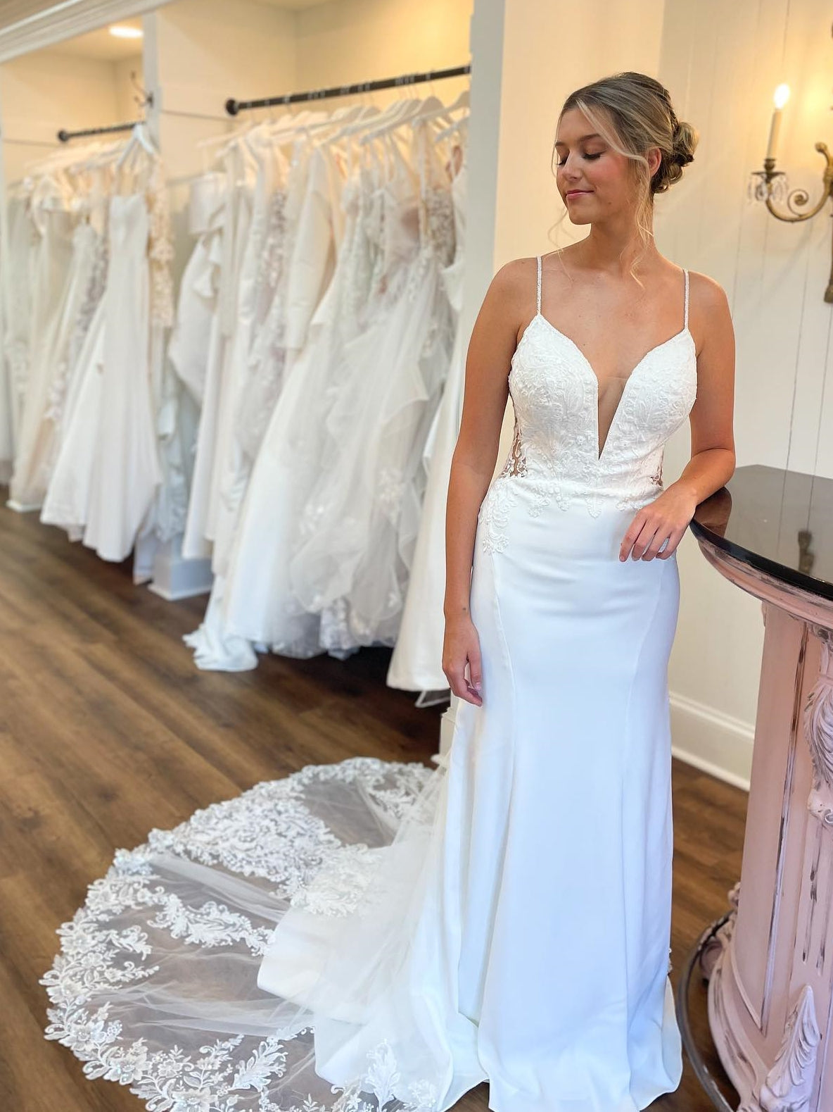 Deep V-Neck Spaghetti Straps Mermaid Wedding Dress With Lace Train - VelvetHem