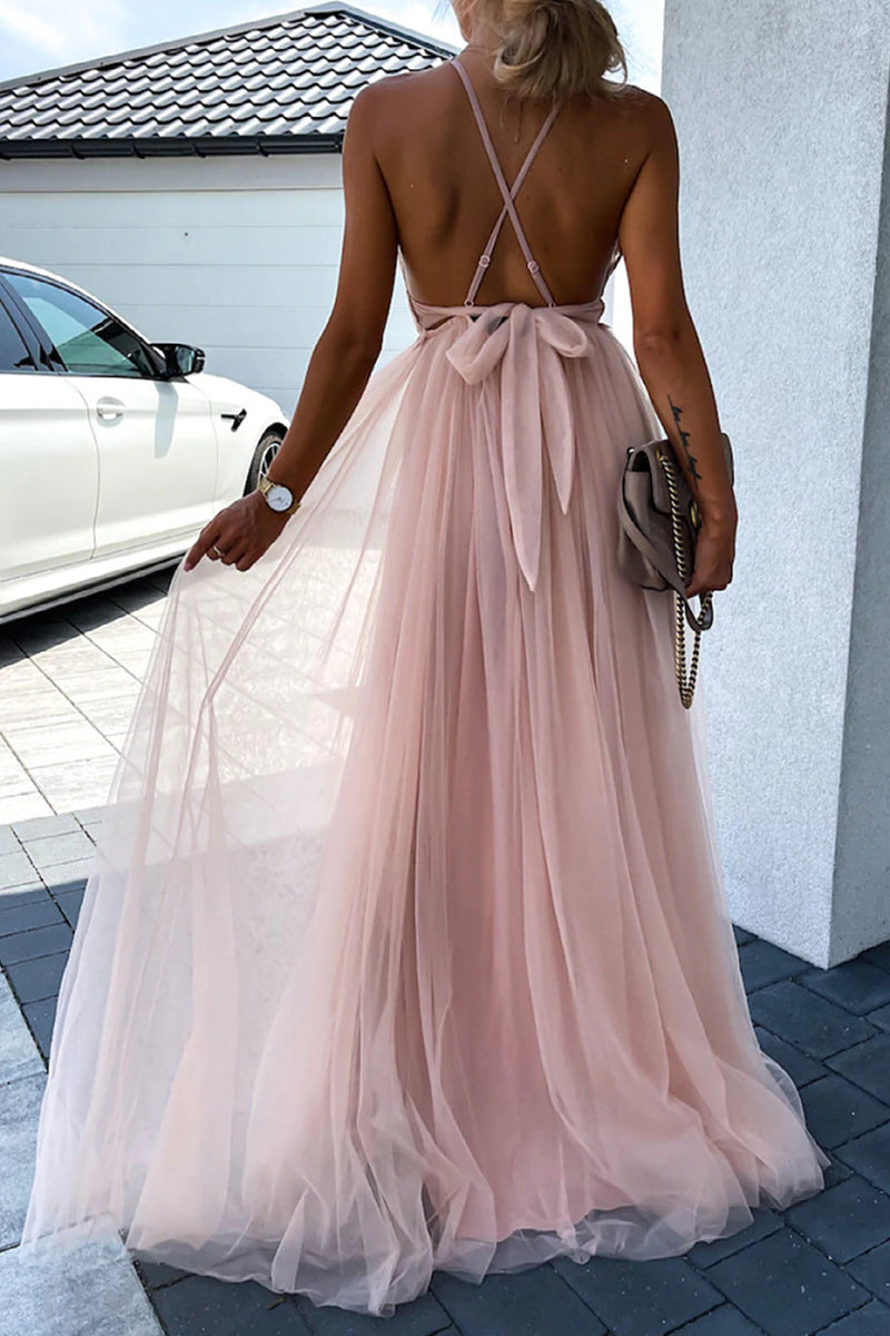Sexy Solid Lace Mesh V Neck Evening Dress Dresses - View 2 | VelvetHem