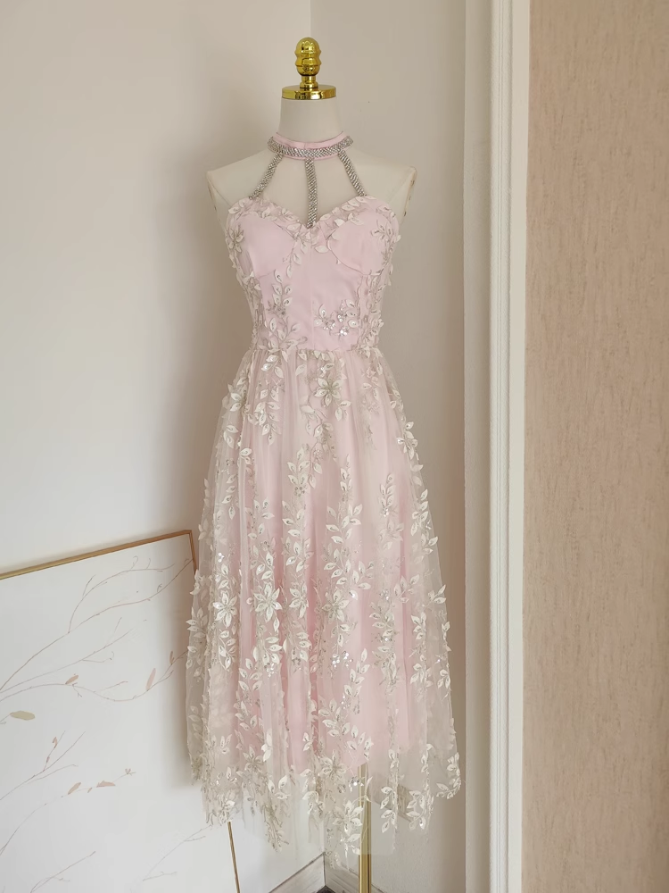 Sexy A line High Neckline Pink Tulle Dinner Party Dresses Birthday Outfits