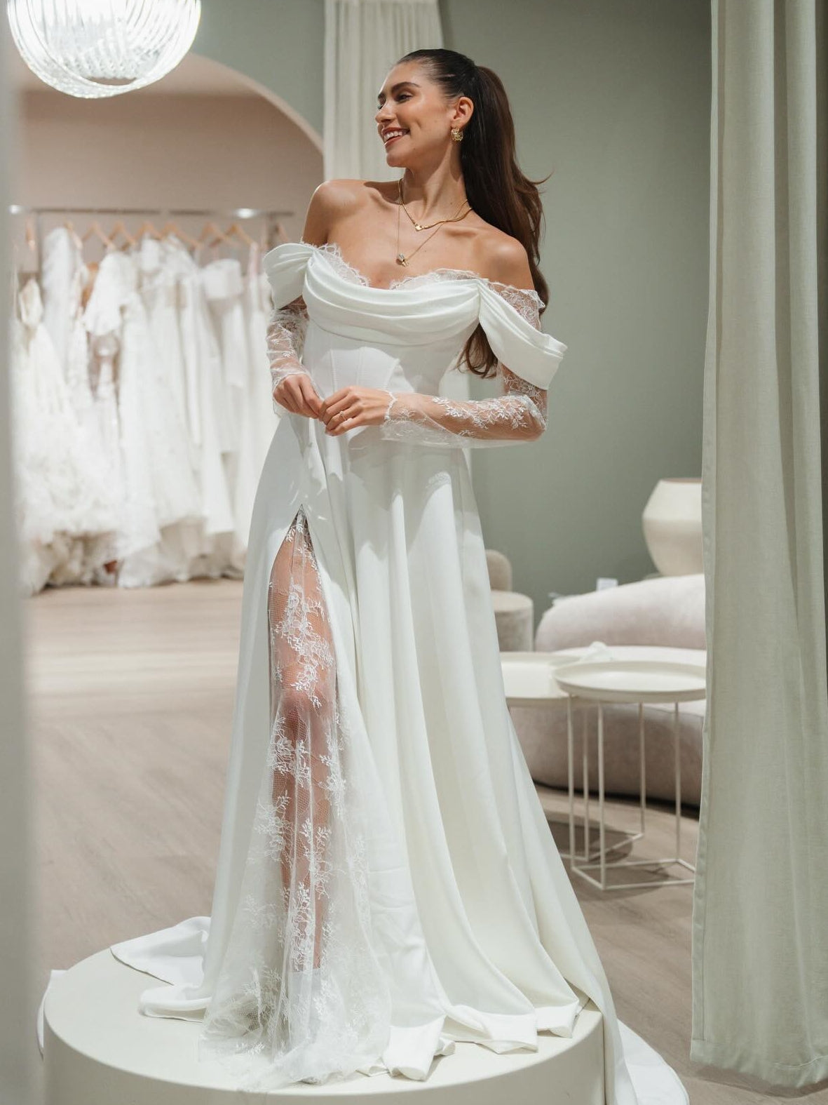 Satin Off the Shoulder Wedding Dress With Lace Slit