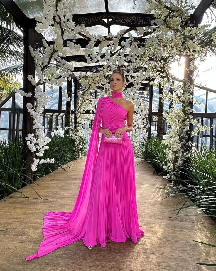 Elegant One Shoulder Evening Dress Women Pleated Chiffon High Neck A Line Floor Length Party Formal Occasion Prom Gown