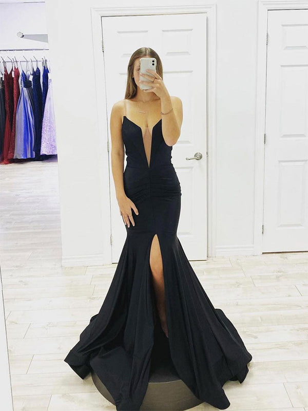 Black Mermaid Strapless Deep V-Neck Satin Long Prom Dress with Slit - FashionDia