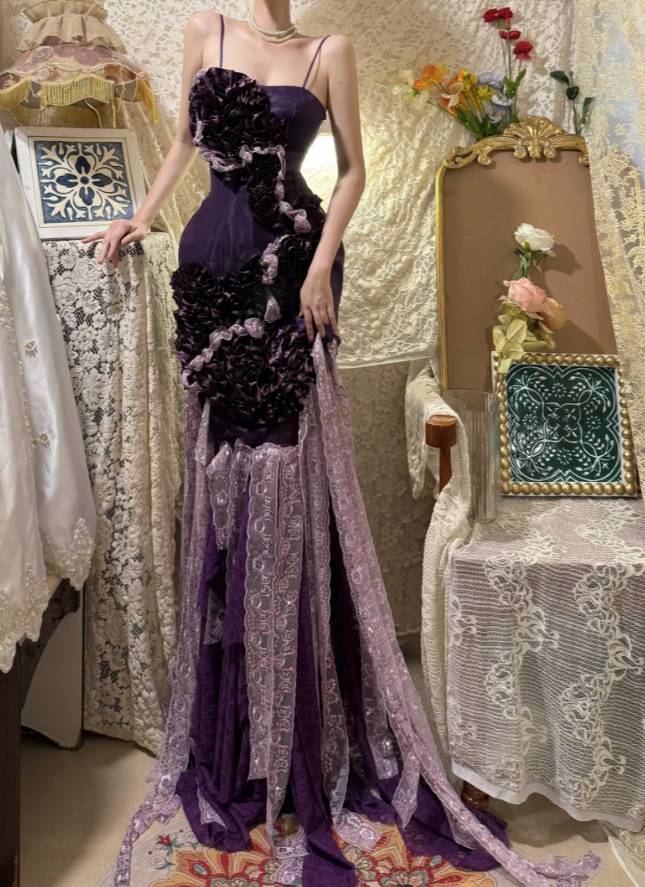 Glamorous Purple Spaghetti Straps Satin Lace Pleated Mermaid Long Party Dress Formal Birthday Prom Dress Evening Gown - FashionDia