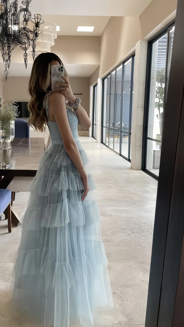 Light Blue Tulle Ruffle Long Prom Dresses Evening Party Dress