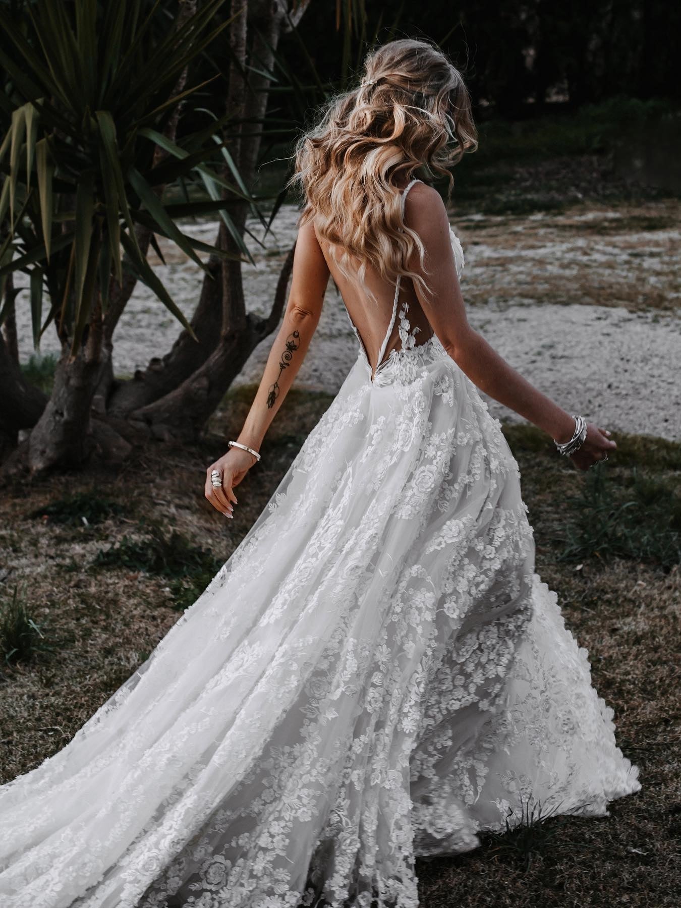 Open Back Spaghetti Strap Lace Deep V-Neck Wedding Dress