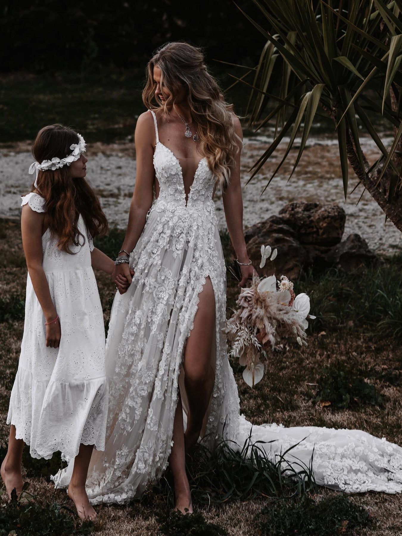 Open Back Spaghetti Strap Lace Deep V-Neck Wedding Dress