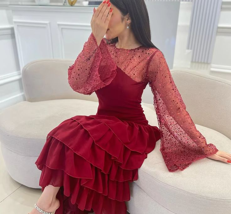 Women's Sequin Prom Dress Chiffon Tiered Burgundy Evening Dress Y7616 - View 3 | VelvetHem