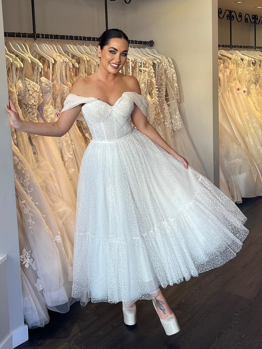 Off-the-shoulder Dot Tulle Tea-Length Wedding Dress