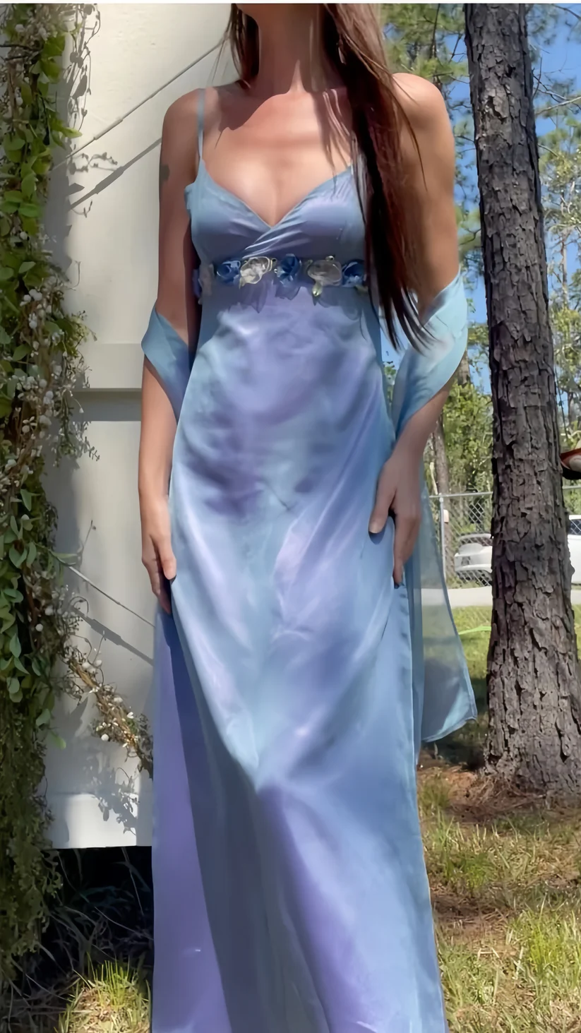 Chic Sheath Blue Lilac Long Prom Dresses Floral Evening Party