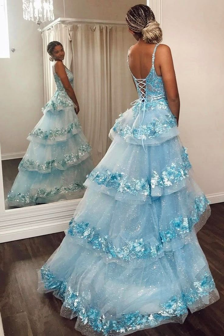 V Neck Blue Lace Tulle Prom Dress Graduation Dress 17th Birthday Dress