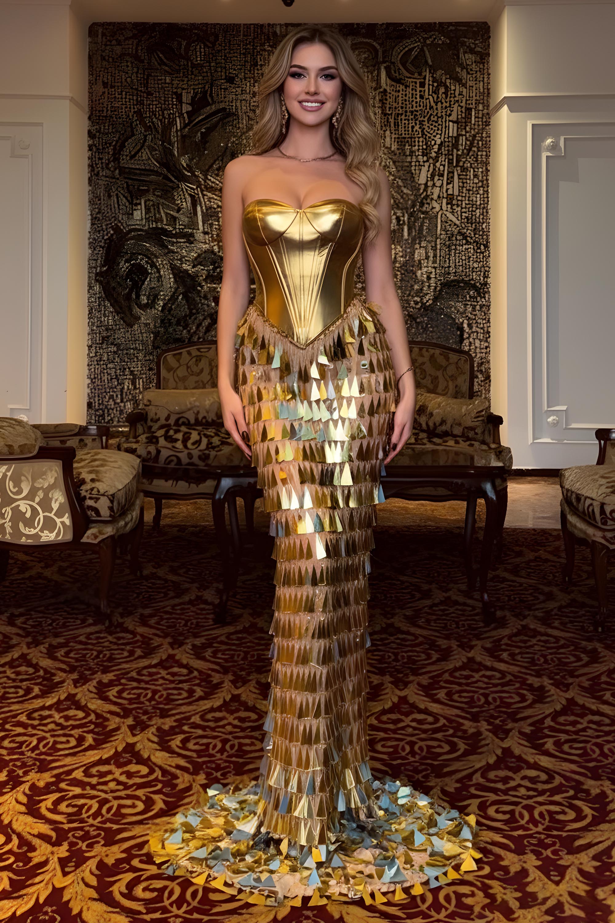 Strapless Metallic Corset Bodice Triangle Fringe Mermaid Gown