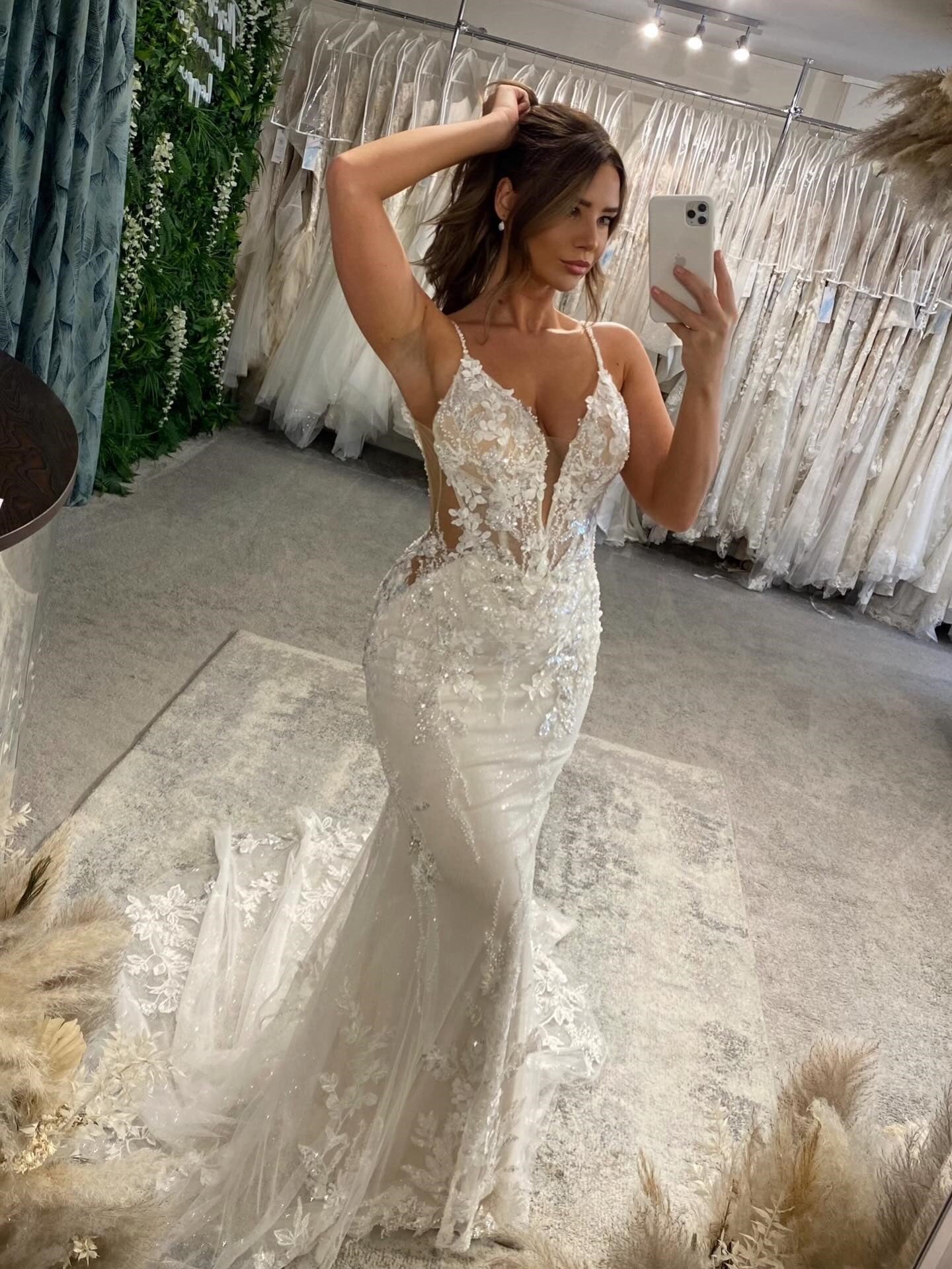 Deep V-neck Spaghetti Straps Lace Mermaid Wedding Dress With Train
