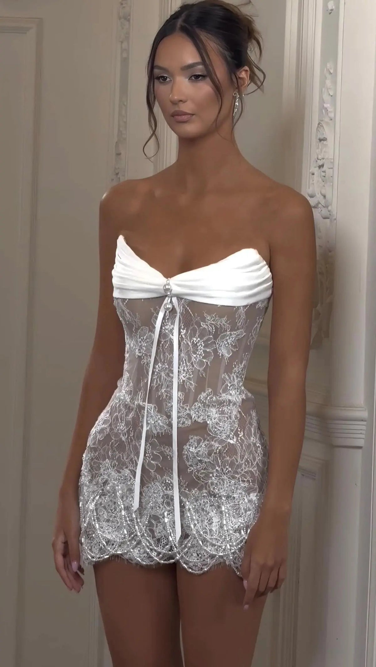 White Strapless Sheer Lace Corset Mini Wedding Dress ZP002