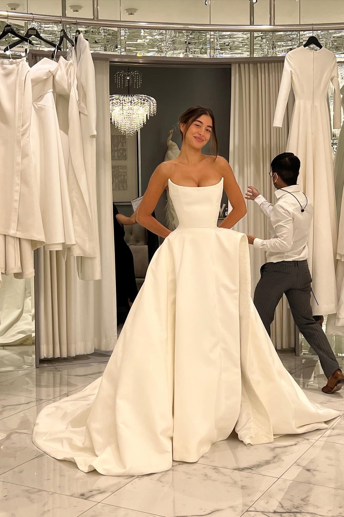 Charming A Line Strapless White Satin Long Wedding Dress with Slit