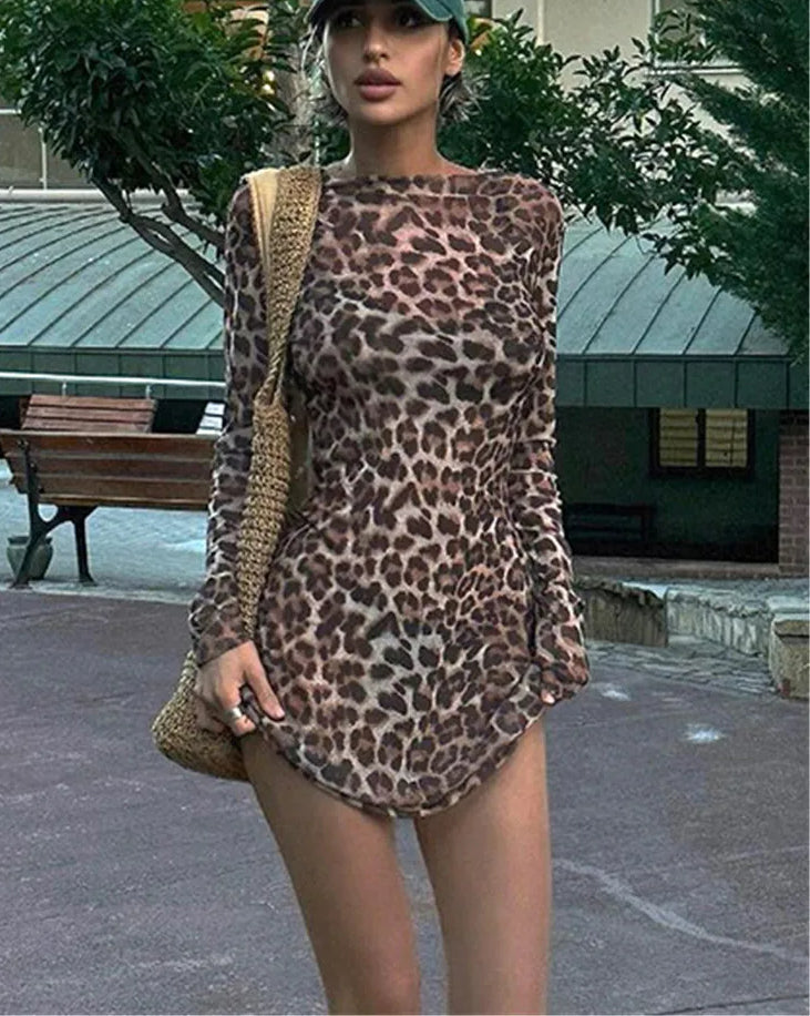 Leopard Two Piece Mesh See Through Mini Dress - VelvetHem