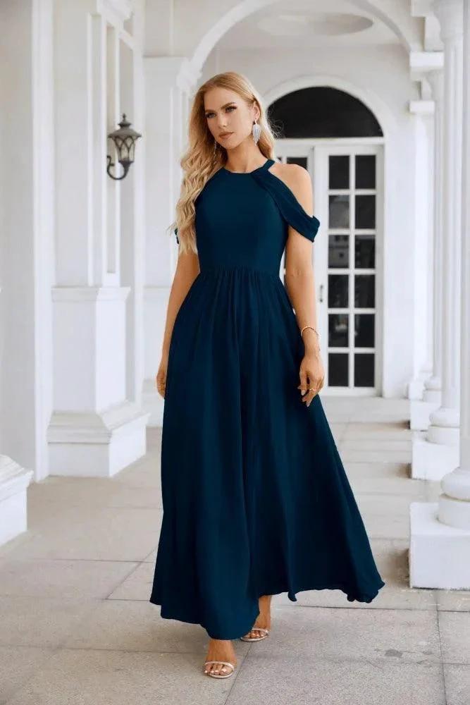 Ladies Chiffon Off Shoulder Swing Sleeve Front Slit Bridesmaid Evening Dress Wedding Party Evening Dress 28117 by numbersea