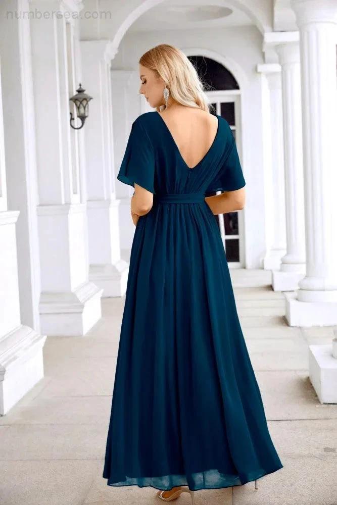 Ladies Chiffon Sleeve Crew Neck Front Slit Floor Length Bridesmaid Evening Dress Wedding Party Evening Dress 28124 (ZD17007)