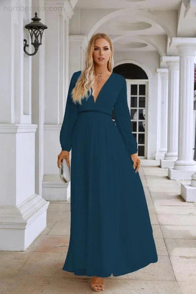 Ladies V Neck Chiffon Long Sleeve Front Slit Bridesmaid Evening Dress Wedding Party Shopping Evening Dress 28109 (ZD16991)