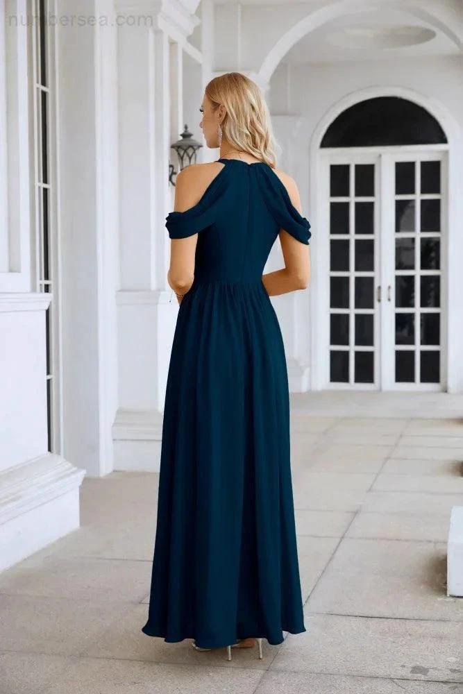 Ladies Chiffon Off Shoulder Swing Sleeve Front Slit Bridesmaid Evening Dress Wedding Party Evening Dress 28117 (ZD17011)