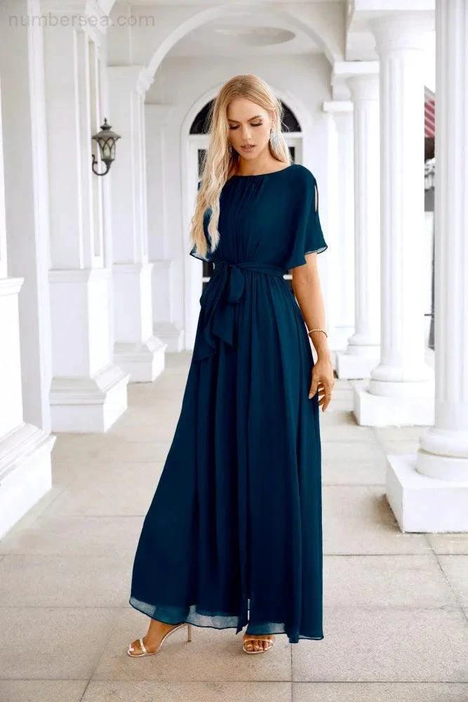 Ladies Chiffon Sleeve Crew Neck Front Slit Floor Length Bridesmaid Evening Dress Wedding Party Evening Dress 28124 (ZD17007)