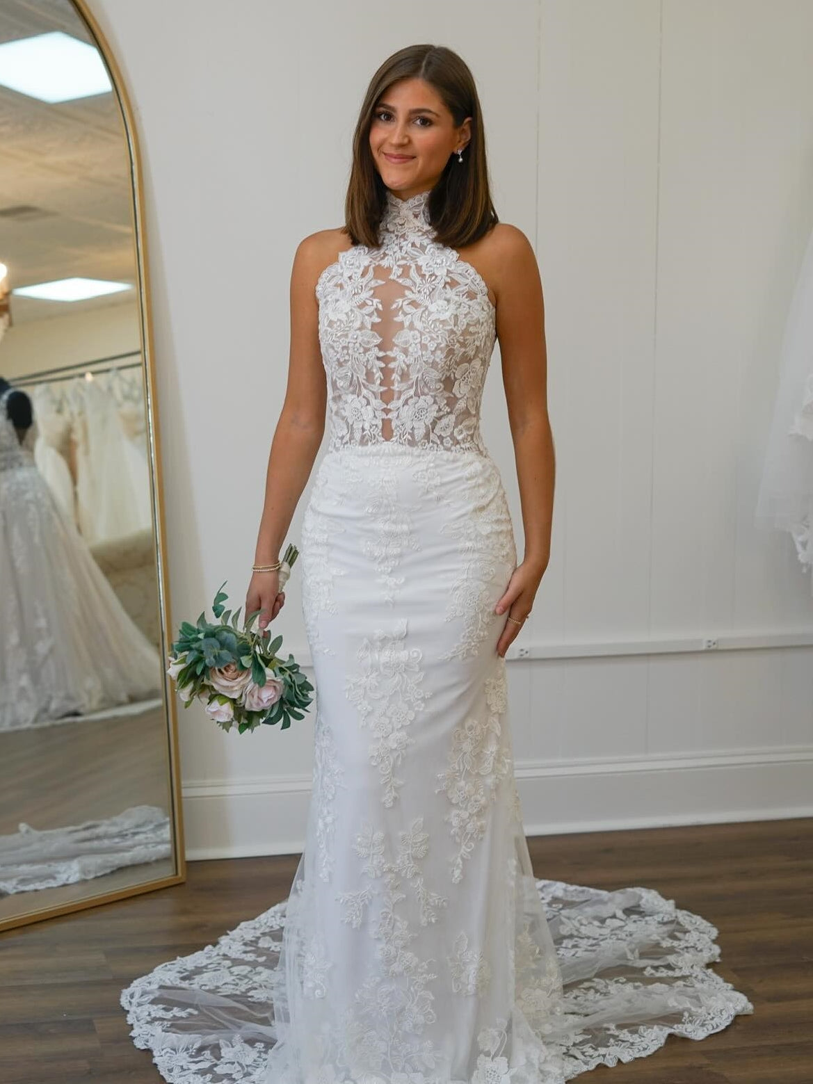 Mermaid Halter Neck Lace Open Back Long Wedding Dress