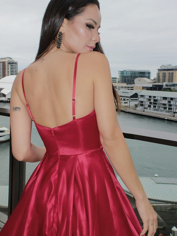 Long A-line Spaghetti Straps Satin Backless Prom Dresses with Pockets - View 2 | VelvetHem