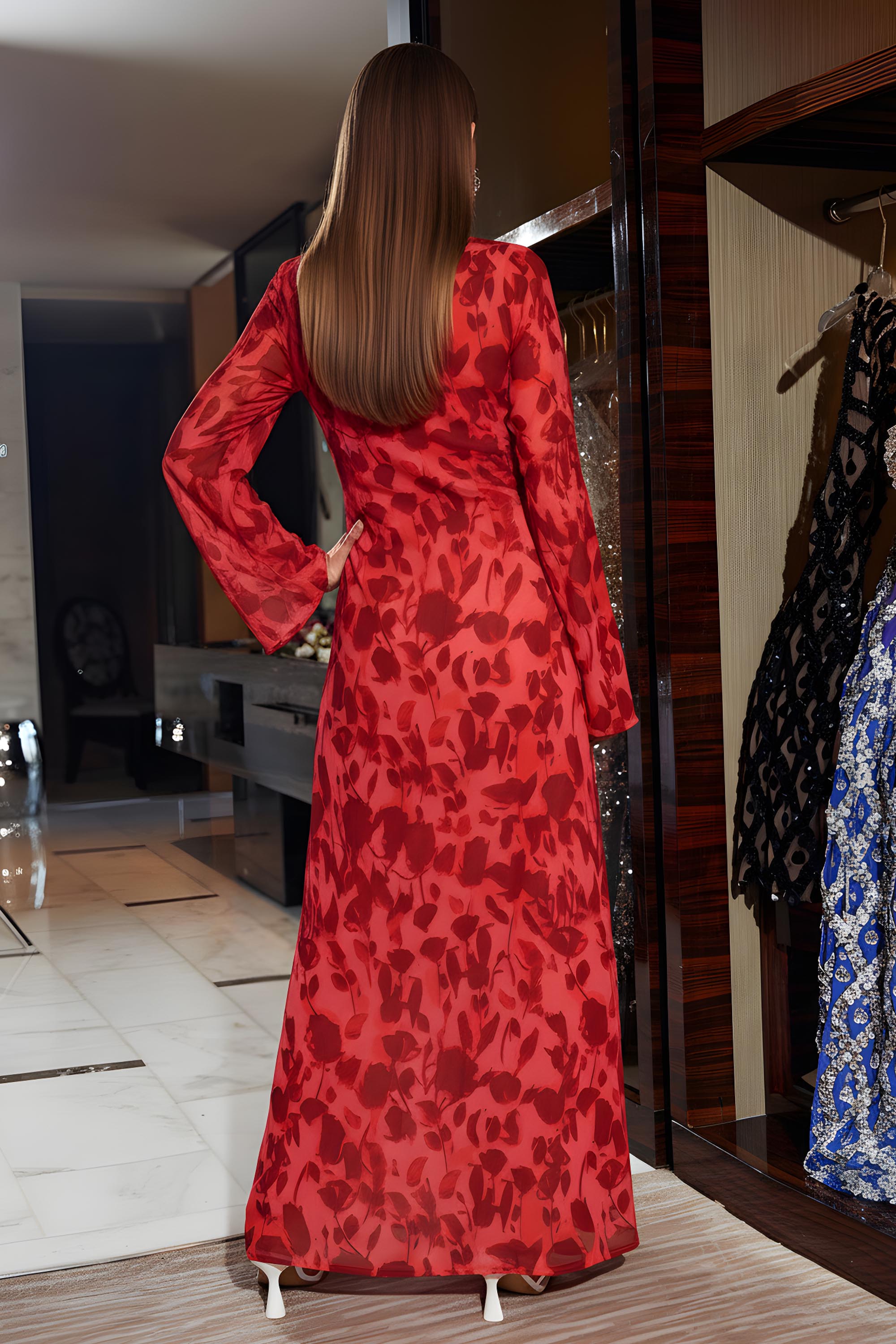 Long Sleeve Floral Print Maxi Dress with Flared Cuffs