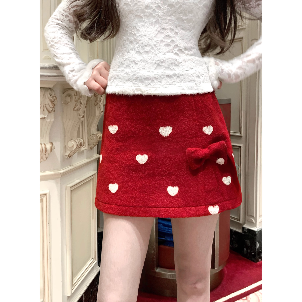 Red embroidered wool A-Line skirt - FashionDia