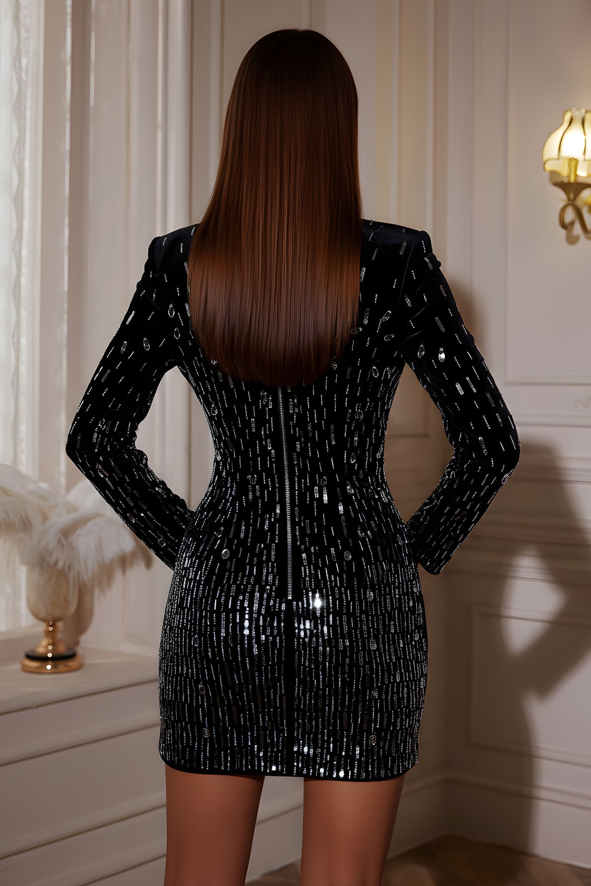 Long Sleeve Embellished Bodycon Mini Dress With Padded Shoulders