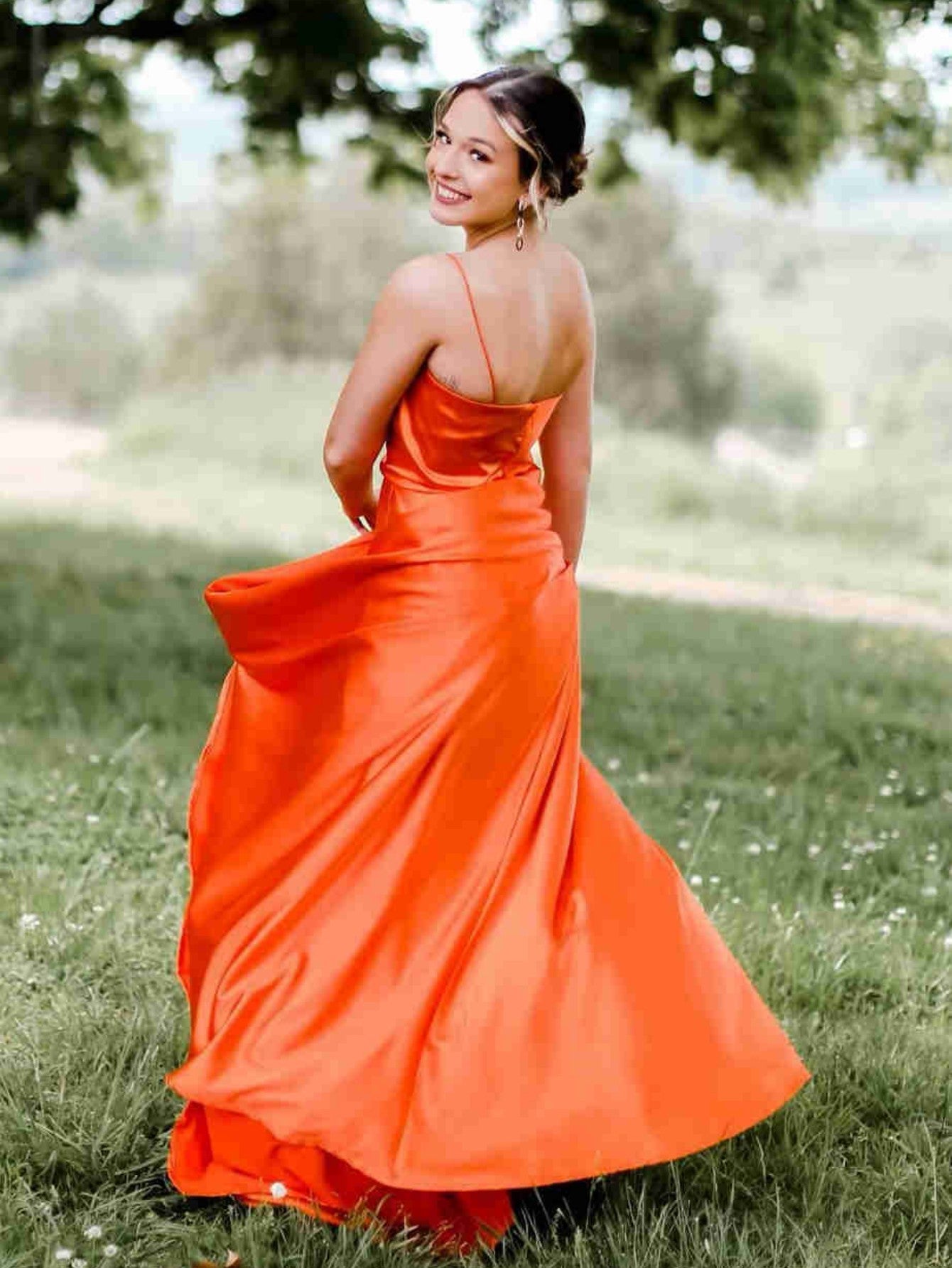 Orange Satin A Line Tight Long Prom Dress With Slit - Fashionpara