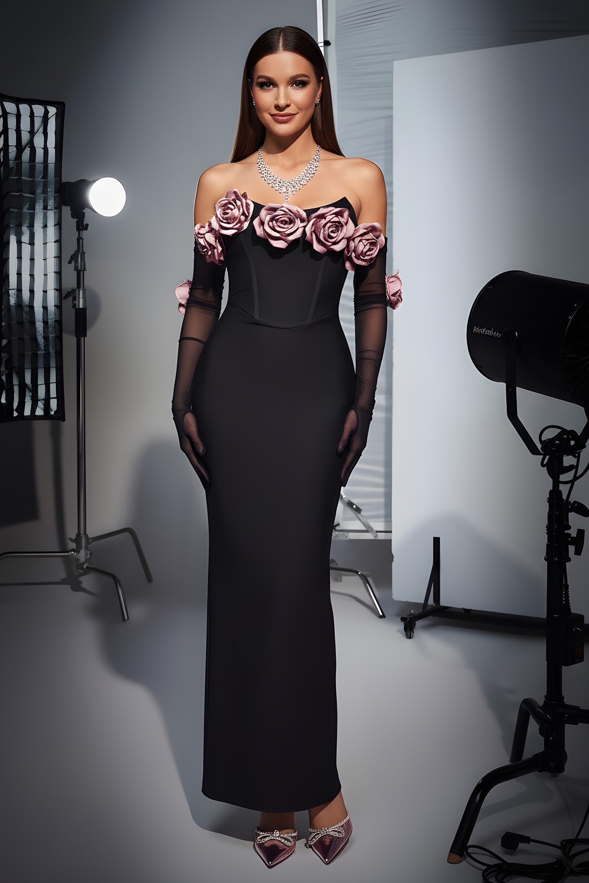 Off-The-Shoulder Corset Evening Gown Featuring Floral Appliques