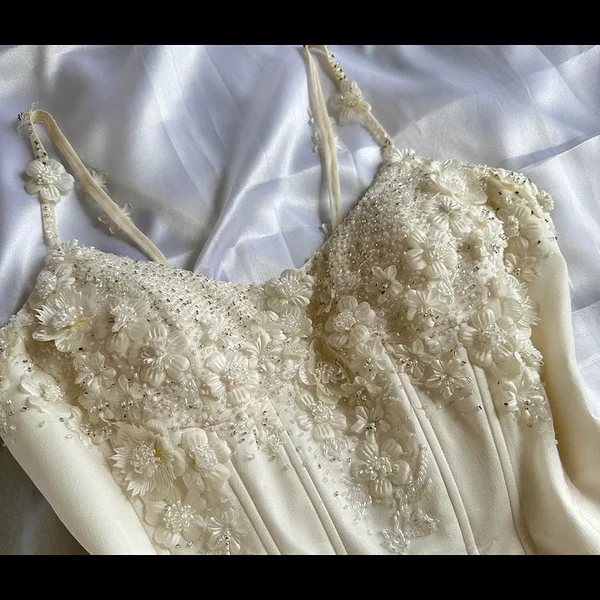 Spaghetti Straps Beige Long Prom Dress Beaded Flower Birthday Dress