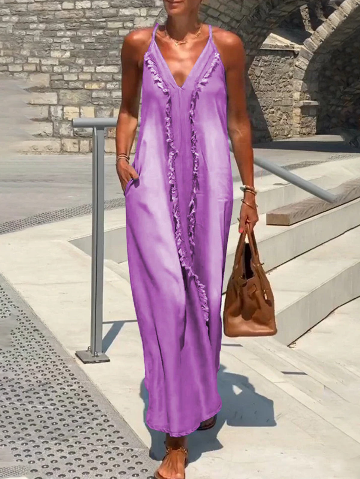 Raw Edge V Neck Pocket Maxi Dress Sleeveless - Omychic
